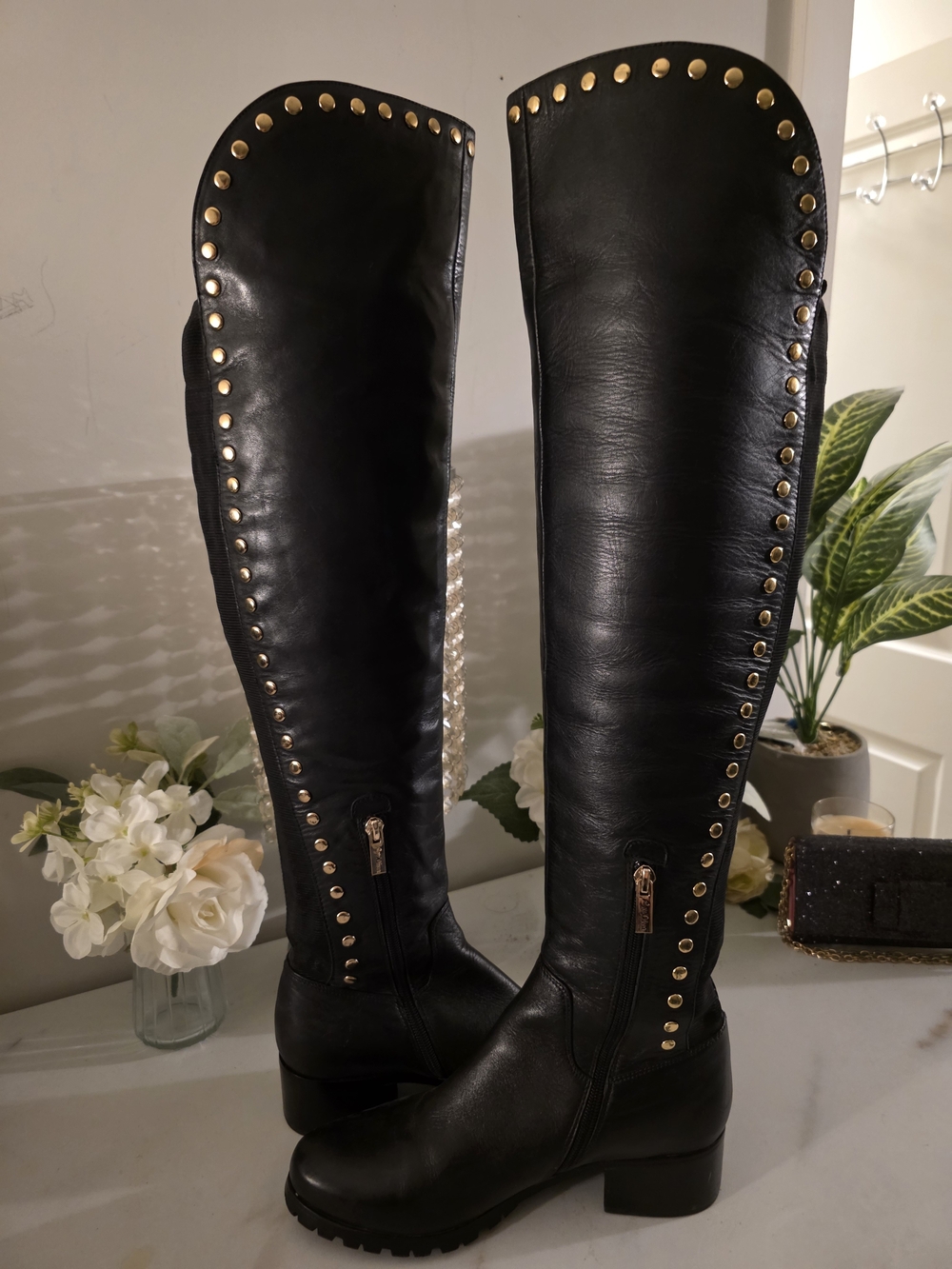 Black Over-The-Knee Boots with Gold Stud Accents (Leather & Water Proof)